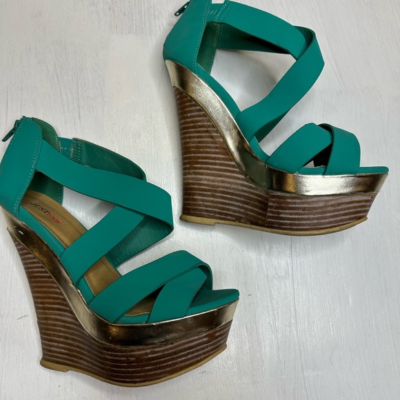 JustFab HollyN Turquoise Wedge Heels Women’s 6.5 Platform Sandals Zip Back - Picture 5 of 12